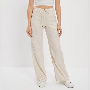 American Eagle Women Cream Cargo Pant Size 12 Baggy Wide Leg Drawstring Waist